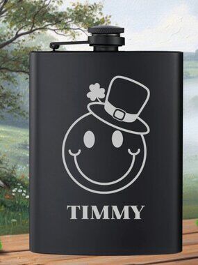 Personalized Engraved Irish Clover Hat Smile Black Flask | Irish | Flask | Gift